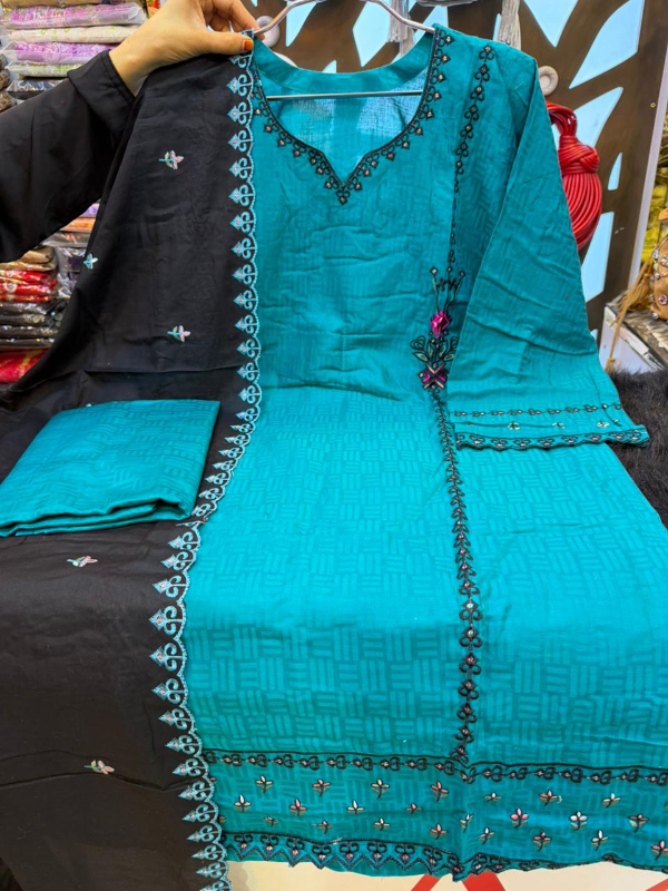 Pakistani-Inspired Self Jacquard Cotton Three-Piece Suit