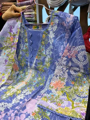 Swiss Lawn Collection Floral Printed Three-Piece Suit - Periwinkle/Lavender-Blue Base with Vibrant Floral Prints