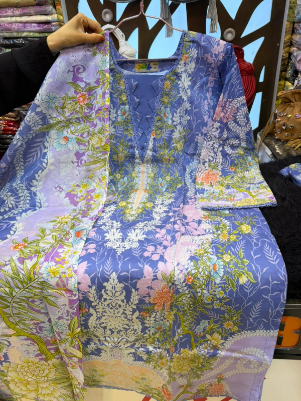 Swiss Lawn Collection Floral Printed Three-Piece Suit - Periwinkle/Lavender-Blue Base with Vibrant Floral Prints