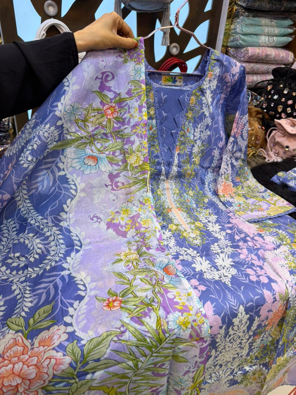 Swiss Lawn Collection Floral Printed Three-Piece Suit - Periwinkle/Lavender-Blue Base with Vibrant Floral Prints