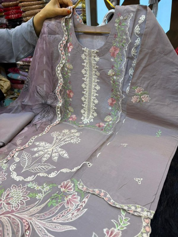 Pakistani Inspired Swiss Lawn Floral Embroidered 3-Piece Suit - Dusty Taup, Light Sky Blue, Muted Purple & Lavender