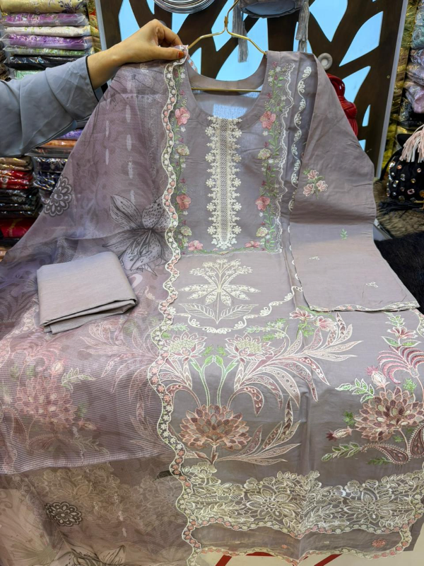 Pakistani Inspired Swiss Lawn Floral Embroidered 3-Piece Suit - Dusty Taup, Light Sky Blue, Muted Purple & Lavender