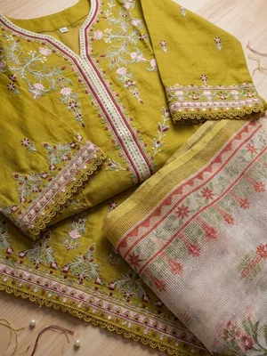 Pakistani-Inspired Embroidered Swiss Cotton Three-Piece Collection - Mustard Yellow