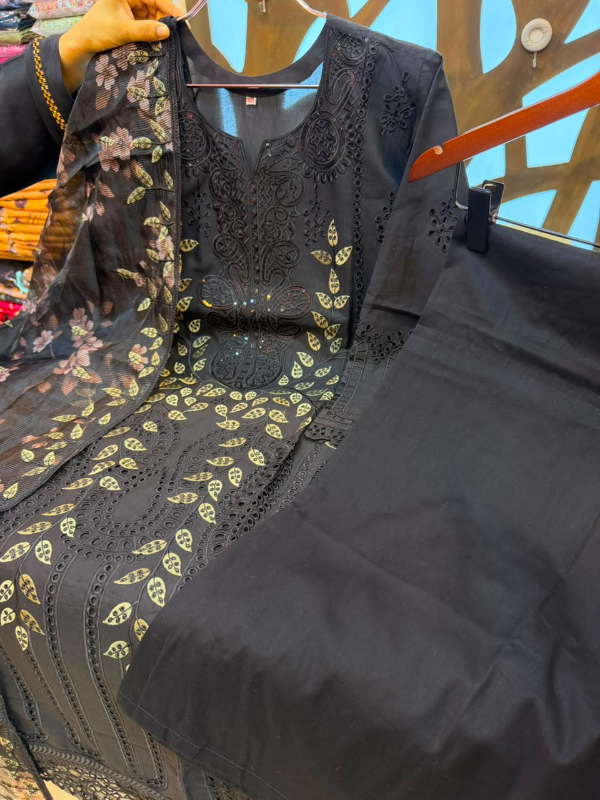 Pakistani Inspired Cotton Embroidered 3-Piece Farshi Salwar Suit - Black