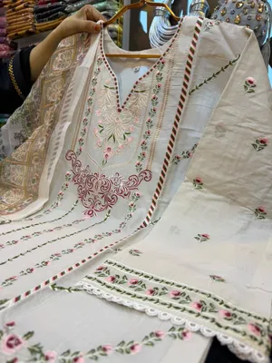Pakistani Inspired Swiss Lawn Floral Embroidered 3-Piece Suit - Off-White