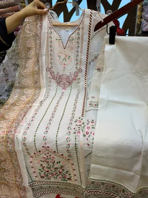 Pakistani Inspired Swiss Lawn Floral Embroidered 3-Piece Suit - Off-White