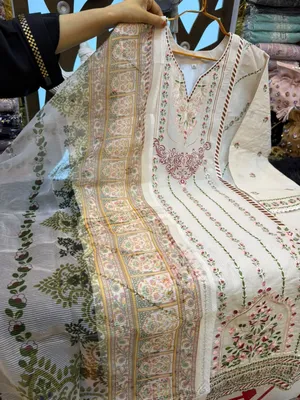 Pakistani Inspired Swiss Lawn Floral Embroidered 3-Piece Suit - Off-White