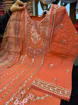 Pakistani Inspired Swiss Lawn Floral Embroidered 3-Piece Suit - Terracotta