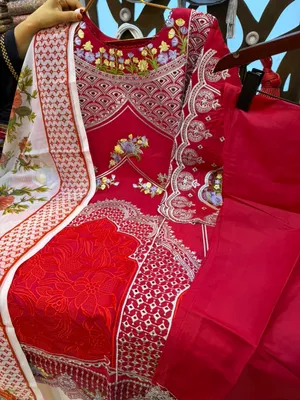 Pakistani Inspired Swiss Lawn Floral Embroidered 3-Piece Suit - Magenta Red