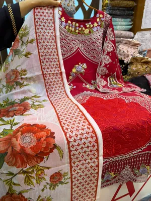 Pakistani Inspired Swiss Lawn Floral Embroidered 3-Piece Suit - Magenta Red
