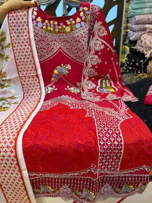 Pakistani Inspired Swiss Lawn Floral Embroidered 3-Piece Suit - Magenta Red
