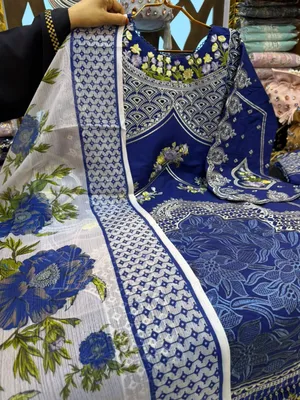 Pakistani Inspired Swiss Lawn Floral Embroidered 3-Piece Suit - Navy Blue