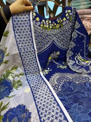 Pakistani Inspired Swiss Lawn Floral Embroidered 3-Piece Suit - Navy Blue