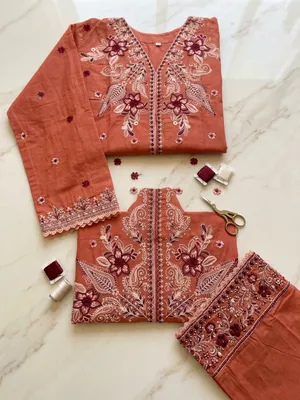 Pakistani-Inspired Embroidered Swiss Lawn Three-Piece Suit Collection - Peach/Terracotta & Off-White/Cream
