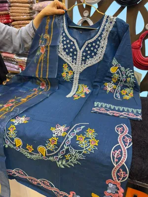 Pakistani Inspired Slub Cotton Embroidered 3-Piece Suit - Deep Slate Blue