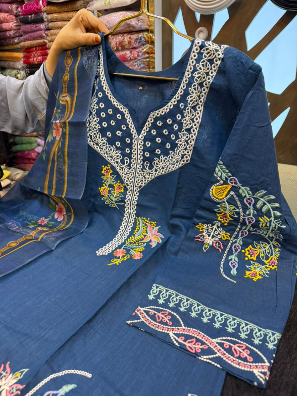 Pakistani Inspired Slub Cotton Embroidered 3-Piece Suit - Deep Slate Blue