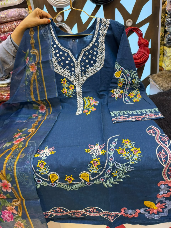 Pakistani Inspired Slub Cotton Embroidered 3-Piece Suit - Deep Slate Blue