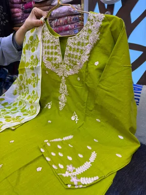 Pakistani Inspired Slub Cotton Embroidered 3-Piece Suit - Olive Green