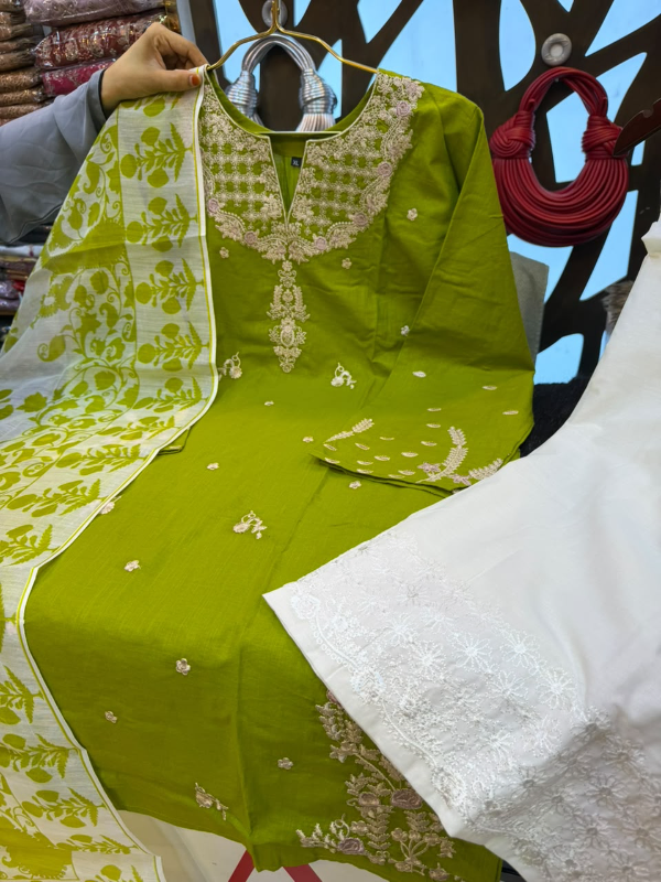Pakistani Inspired Slub Cotton Embroidered 3-Piece Suit - Olive Green