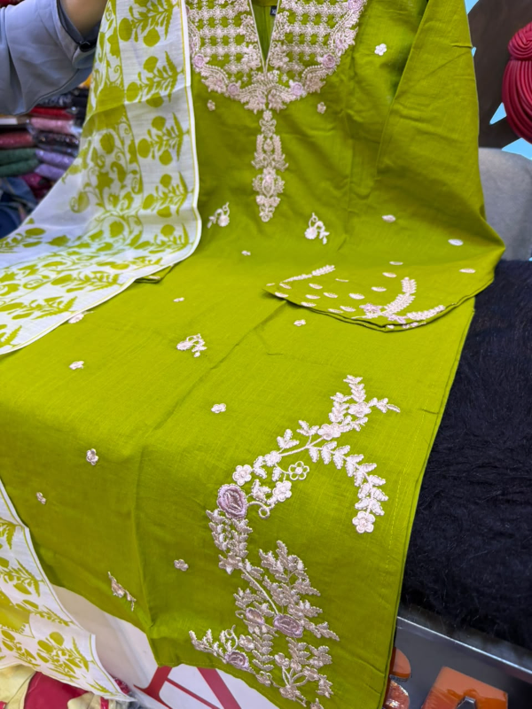 Pakistani Inspired Slub Cotton Embroidered 3-Piece Suit - Olive Green