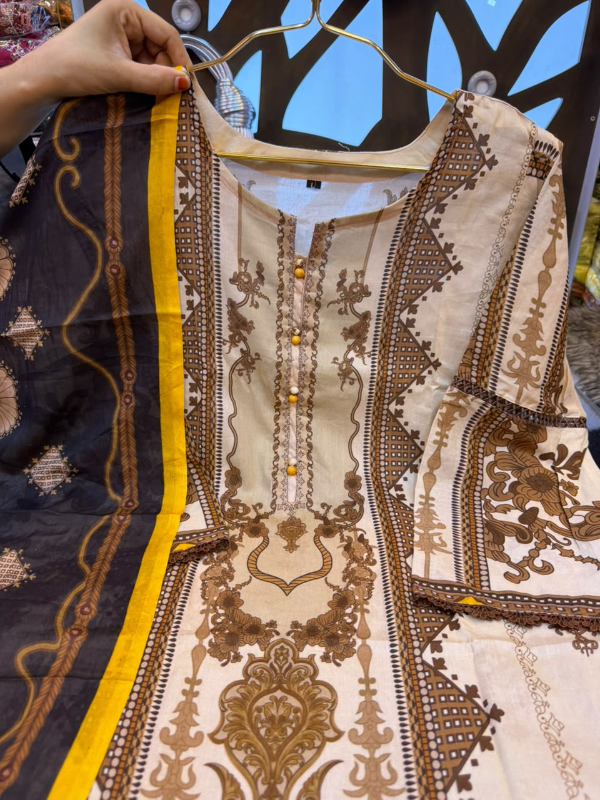 Swiss Lawn Printed 3-Piece Suit - Cream Beige & Brown Print with Yellow Accent Borders