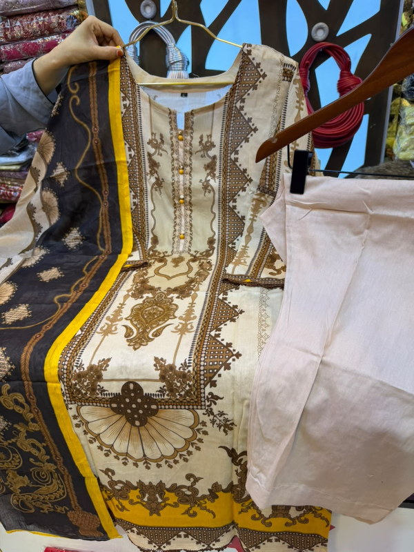 Swiss Lawn Printed 3-Piece Suit - Cream Beige & Brown Print with Yellow Accent Borders