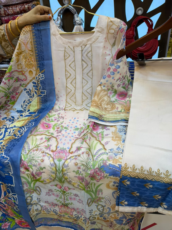 Organza Printed 3-Piece Suit with Karcupi & Zardosi Handwork