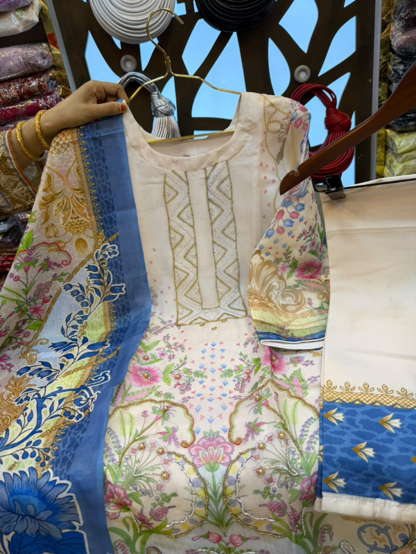 Organza Printed 3-Piece Suit with Karcupi & Zardosi Handwork