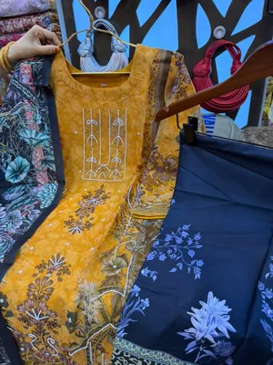 Organza Printed 3-Piece Suit with Karcupi & Zardosi Handwork - Mustard Yellow Base with Dark Navy