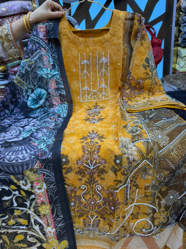 Organza Printed 3-Piece Suit with Karcupi & Zardosi Handwork - Mustard Yellow Base with Dark Navy