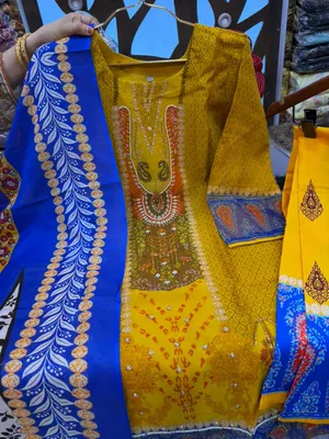 Organza Printed 3-Piece Suit with Karcupi & Zardosi Handwork - Bright Yellow Base