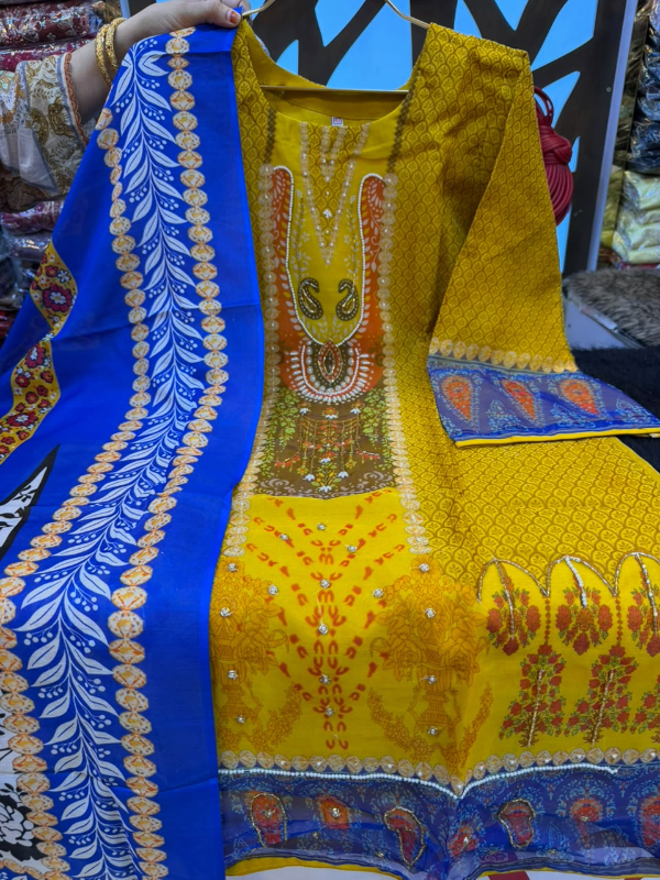 Organza Printed 3-Piece Suit with Karcupi & Zardosi Handwork - Bright Yellow Base