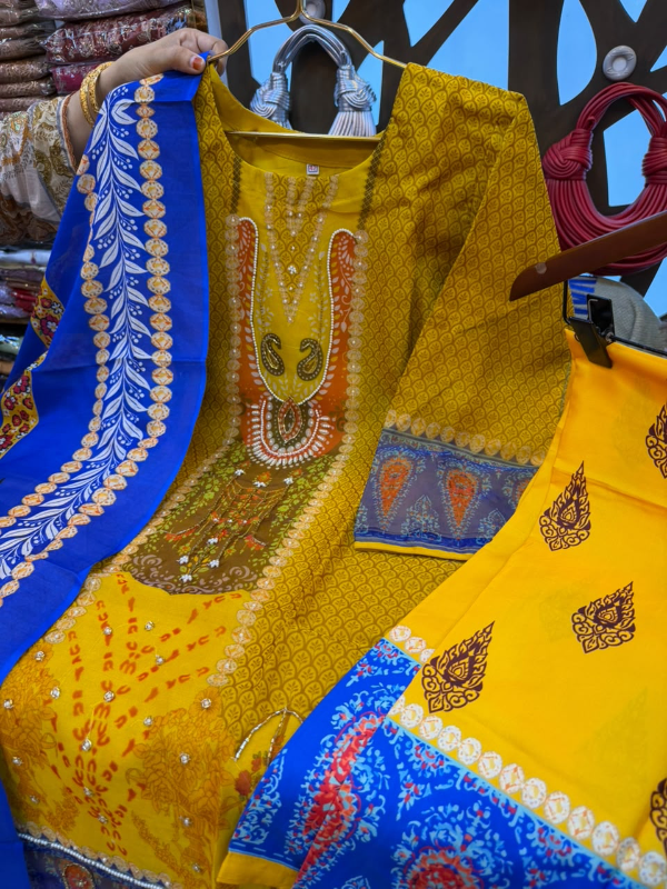 Organza Printed 3-Piece Suit with Karcupi & Zardosi Handwork - Bright Yellow Base