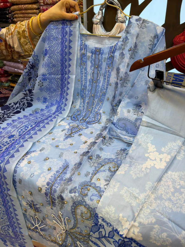 Organza Printed 3-Piece Suit with Karcupi & Zardosi Handwork - Sky Blue Base with Royal Blue