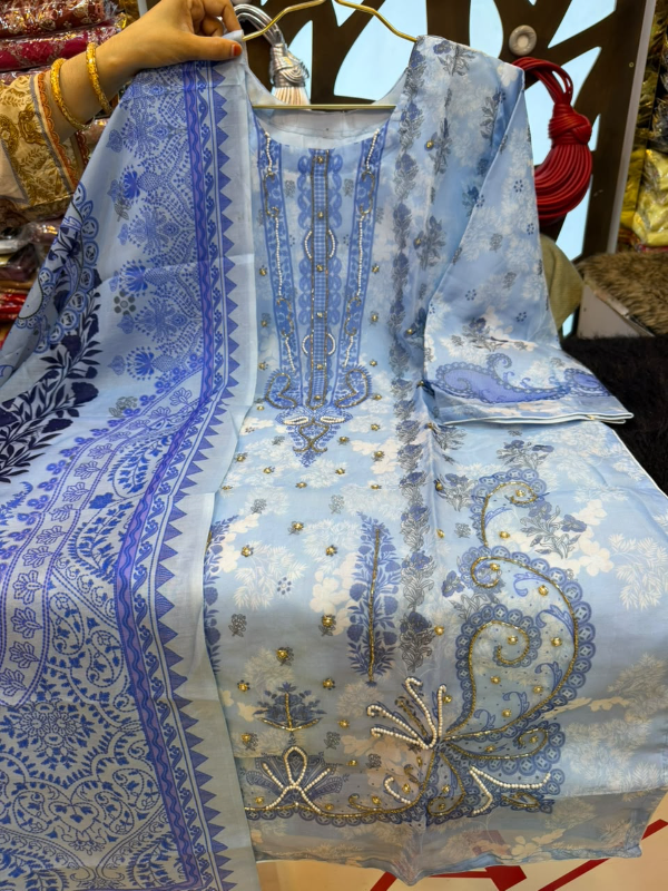 Organza Printed 3-Piece Suit with Karcupi & Zardosi Handwork - Sky Blue Base with Royal Blue