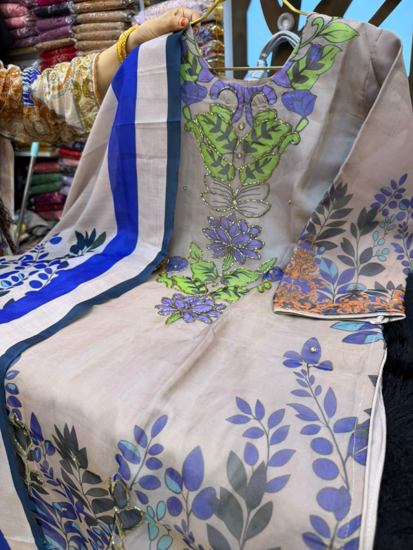 Organza Printed 3-Piece Suit with Karcupi & Zardosi Handwork - Soft Taupe 