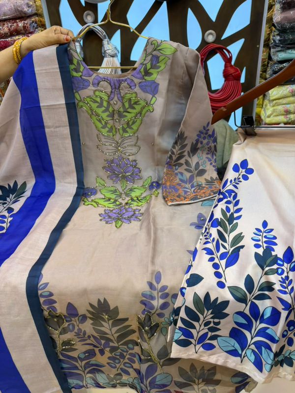 Organza Printed 3-Piece Suit with Karcupi & Zardosi Handwork - Soft Taupe 