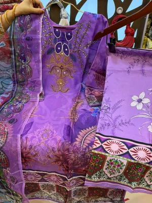 Organza Printed 3-Piece Suit with Karcupi & Zardosi Handwork - Lavender