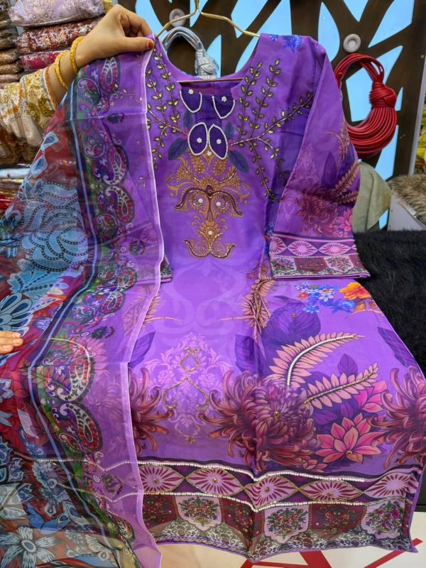 Organza Printed 3-Piece Suit with Karcupi & Zardosi Handwork - Lavender