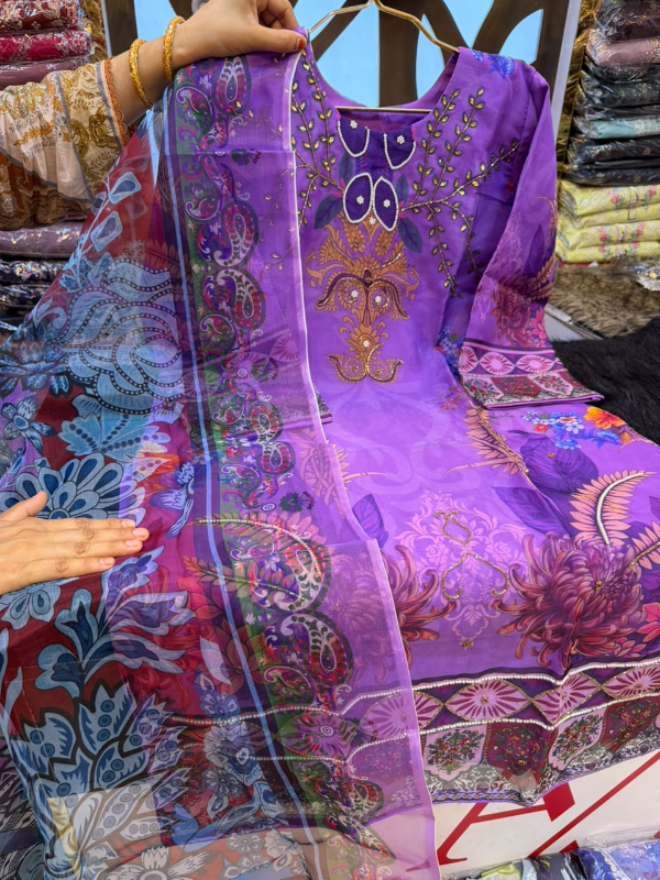 Organza Printed 3-Piece Suit with Karcupi & Zardosi Handwork - Lavender
