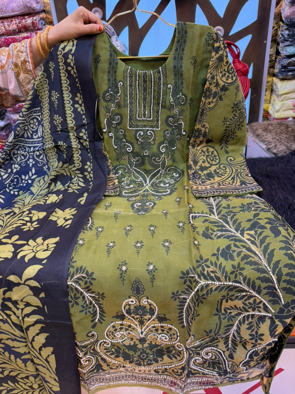 Organza Printed 3-Piece Suit with Karcupi & Zardosi Handwork - Olive Green Base