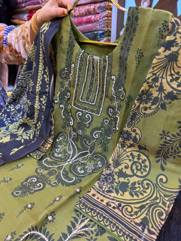 Organza Printed 3-Piece Suit with Karcupi & Zardosi Handwork - Olive Green Base