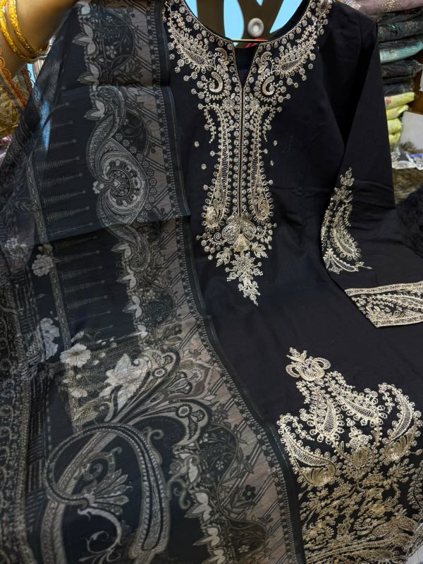 Pakistani-Inspired Solid Embroidered Swiss Lawn 3-Piece Suit - Classic Solid Black with Off-White