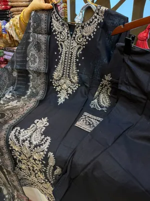 Pakistani-Inspired Solid Embroidered Swiss Lawn 3-Piece Suit - Classic Solid Black with Off-White