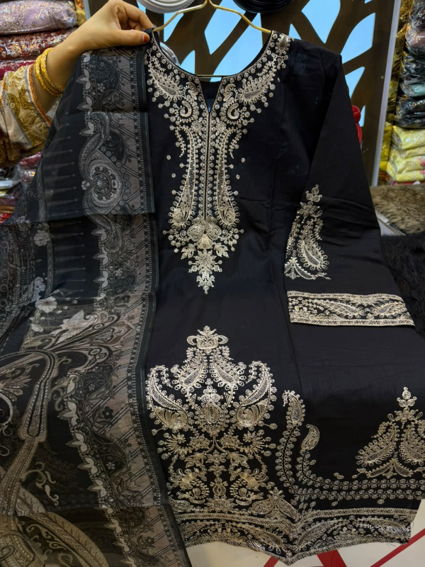Pakistani-Inspired Solid Embroidered Swiss Lawn 3-Piece Suit - Classic Solid Black with Off-White