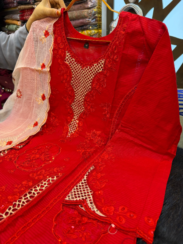 Pakistani-Inspired Schiffli Laser Cut Embroidered Swiss Lawn 3-Piece Suit
