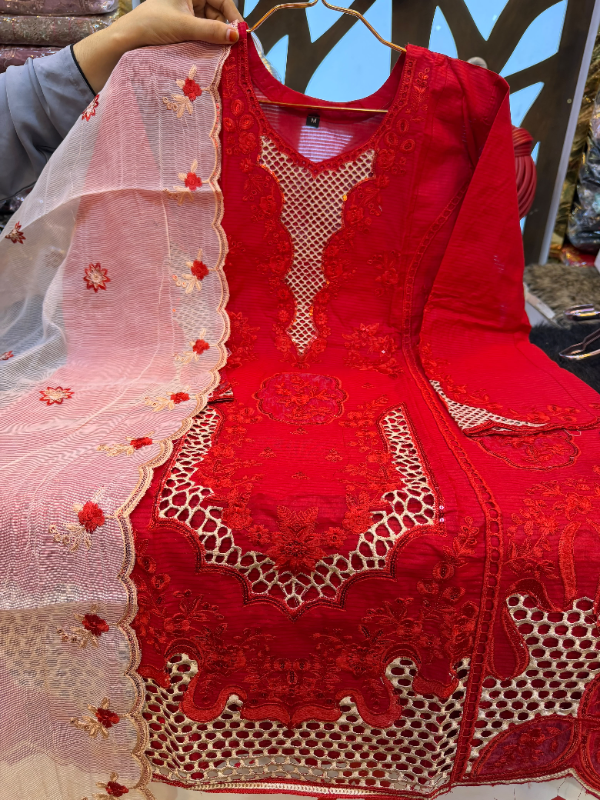 Pakistani-Inspired Schiffli Laser Cut Embroidered Swiss Lawn 3-Piece Suit