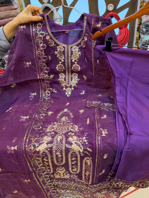 Pakistani-Inspired Embroidered Kota Silk 3-Piece Suit - Multi-Color