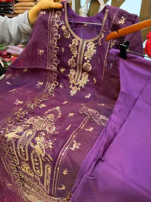 Pakistani-Inspired Embroidered Kota Silk 3-Piece Suit - Multi-Color
