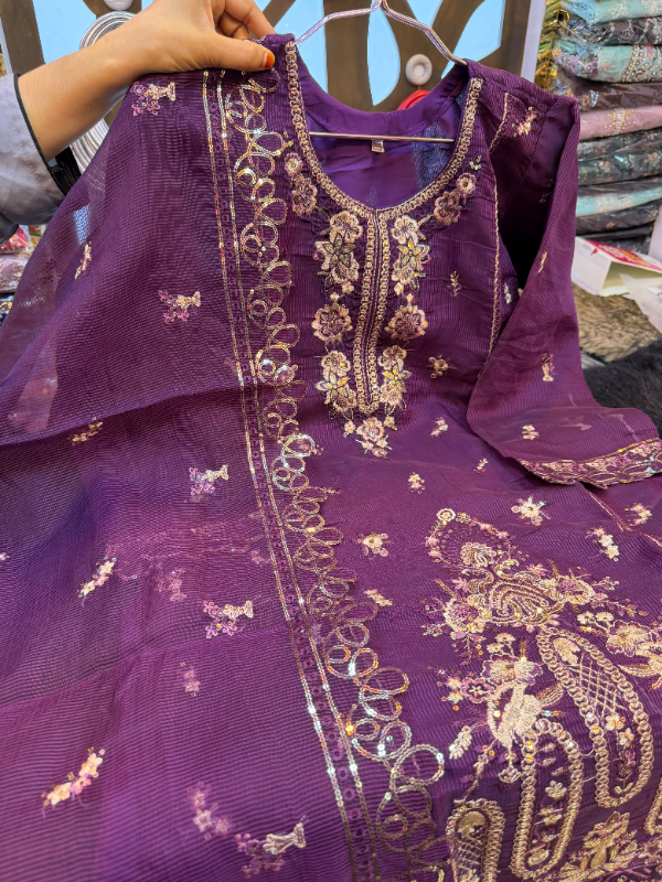 Pakistani-Inspired Embroidered Kota Silk 3-Piece Suit - Multi-Color